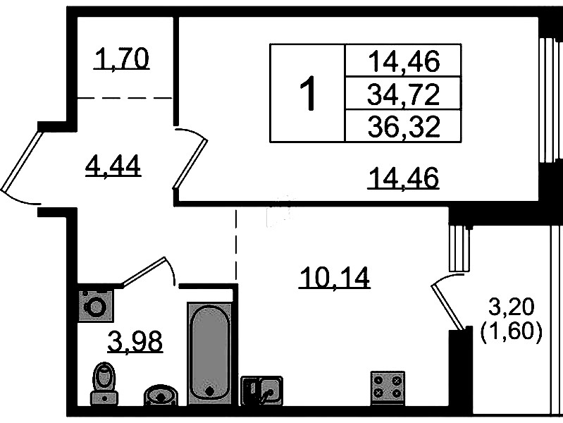 1-комнатная квартира 36.32 м², 12/15 эт., ЖК «GloraX Парголово»